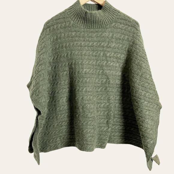 beachlunchlounge Olive Green Mock Neck Cable Knit Poncho Sweater Size M - Picture 5 of 10